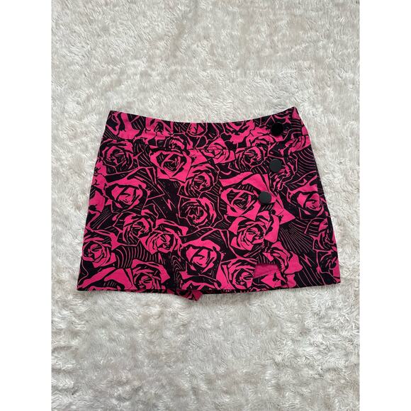 Vintage Express Sz 4 Mini Skirt Skort Pink Black Rose Button Asymmetrical - Picture 2 of 9